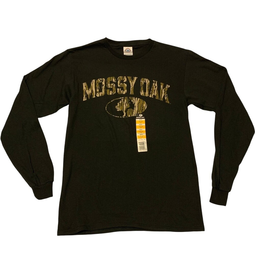 Mossy Oak Long Sleeve T-Shirt Mens Small Black Camo Logo Hunting Graphic Tee NWT